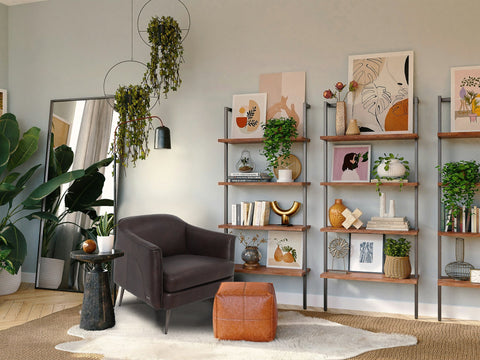 Modern living room showcasing The Psychology of Nesting with stylish decor, plants, and artwork.