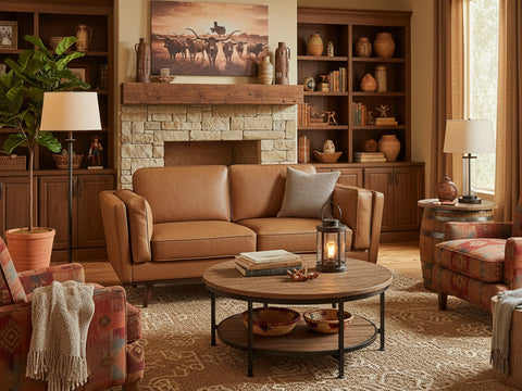Cozy living room with a centerpiece Leather Sofa vs Fabric Sofa debate illustration, featuring a warm and inviting ambiance.