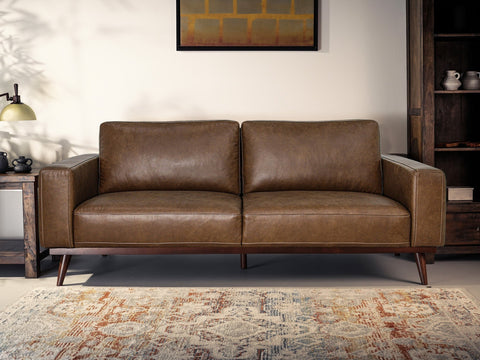 Stylish brown 100 Genuine Leather Sofa in modern living room setting