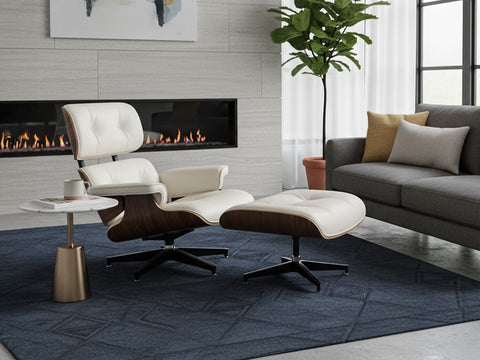 Luxana Home Customer Reviews highlight stylish living room with modern chair and ottoman near fireplace, emphasizing comfort and elegance.