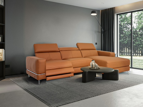 Modern orange sectional sofa in a living room for buying furniture in Barrie, Ontario at Luxana Home