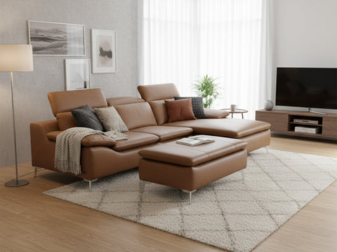 Modern living room with brown leather couch; How Long Do Leather Couches Last? A Complete Guide for Buyers.