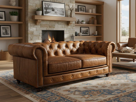 Classic Chesterfield Sofa Near Toronto at Luxana Home in a cozy living room setting with fireplace and bookshelf in the background.