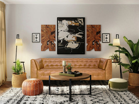 Stylish living room setup showcasing best furniture for families with kids: leather sofa, abstract art, and child-friendly decor.