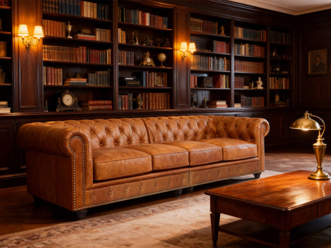 Stanhope Cognac Distressed Leather 4 Seater Chesterfield in elegant library setting
