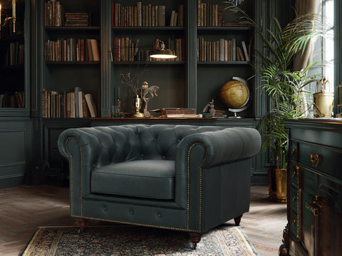 Stanhope Royal Green Leather 1 Seater Chesterfield in a classic library setting.