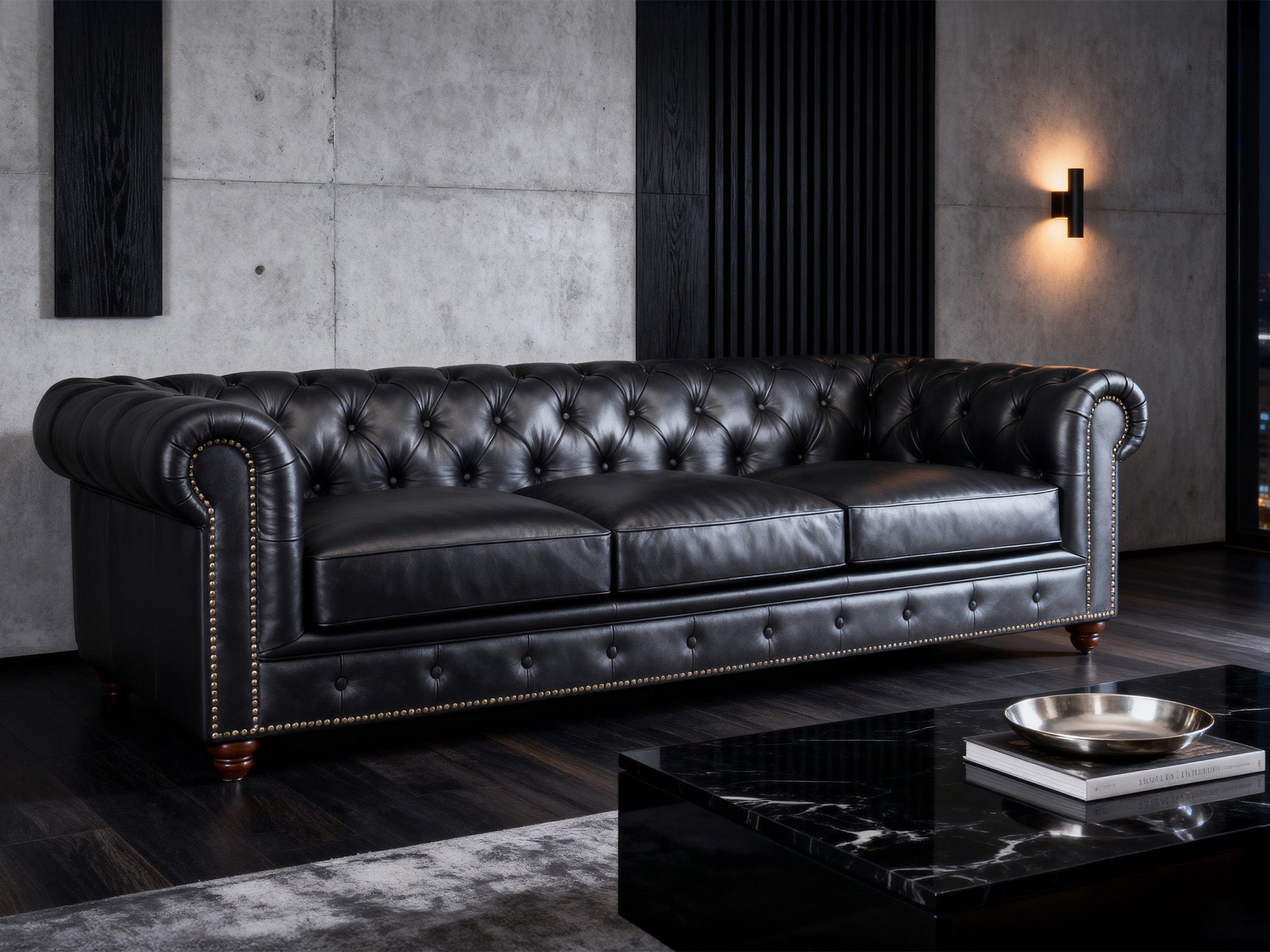 Canapé Chesterfield 3 places en cuir noir Stanhope – Luxana Home