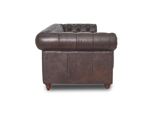 Side view of Stanhope Dark Chocolate 3 Seater Chesterfield in top-grain leather, showcasing classic British design and luxury.