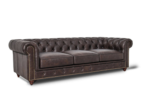 Stanhope Dark Chocolate 3 Seater Chesterfield in rich leather, showcasing British heritage with modern luxury.