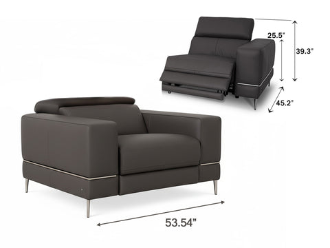 Modena Grey Leather Motorized Single Recliner with dimensions shown, highlighting modern luxury and design.