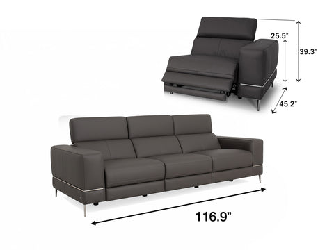 Modena Grey Leather Dual Recliner 3 Seater Sofa with dimensions and modern design.