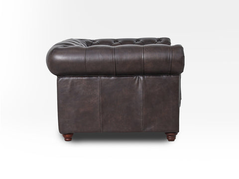 Side view of Stanhope Dark Chocolate 1 Seater Chesterfield in aniline leather highlighting rich texture and luxurious design.