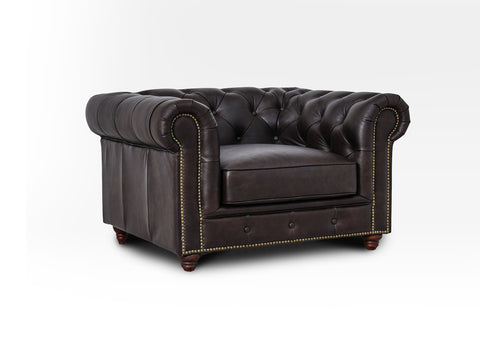 Stanhope Dark Chocolate 1 Seater Chesterfield upholstered in rich aniline leather with classic tufted design, showcasing modern luxury.