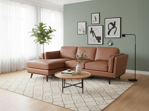 Selina Midcentury Brown Leather Sectional Sofa in elegant modern living room setting