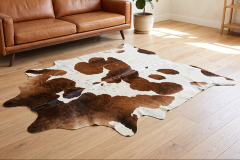 A cowhide area rug with a natural brown and white pattern is displayed on a light wood floor in a modern living room setting with a tan leather sofa and a potted plant.