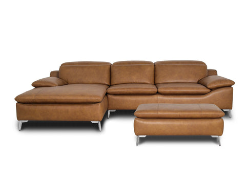 Milano Tan Leather Sectional Sofa - Right Chaise with Ottoman showcasing Italian elegance and contemporary design.