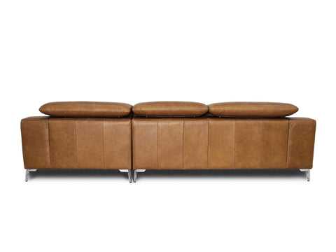 Back view of Milano Tan Leather Sectional Sofa - Right Chaise with Ottoman showcasing premium leather upholstery.