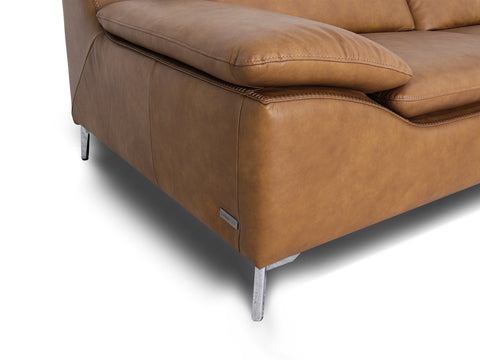 Close-up of Milano Modern Tan Leather 3 Seater Sofa corner detail showcasing sleek design and premium craftsmanship.