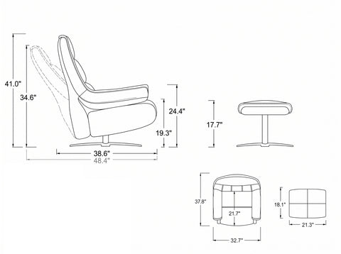 Nero Cognac Leather Reclining Swivel Chair with Ottoman