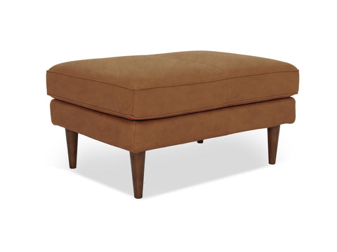 Selina Midcentury Tan Leather Ottoman with premium full top-grain semi-aniline leather upholstery and elegant wooden legs.