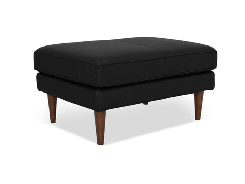 Selina Midcentury Black Leather Ottoman with wooden legs, showcasing premium full top-grain semi-aniline leather and sophisticated design.