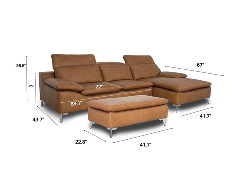 Milano Tan Leather Sectional Sofa - left Chaise with Ottoman