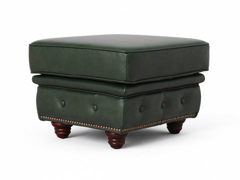 Stanhope Royal Green Leather Chesterfield Ottoman in rich top-grain aniline leather, showcasing deep green tone and British refinement.