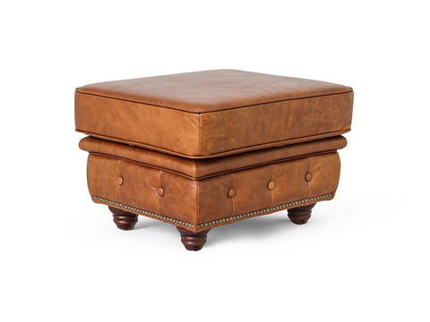 Stanhope Cognac Distressed Leather Chesterfield Ottoman in rich top-grain aniline leather showcasing British refinement and luxury.