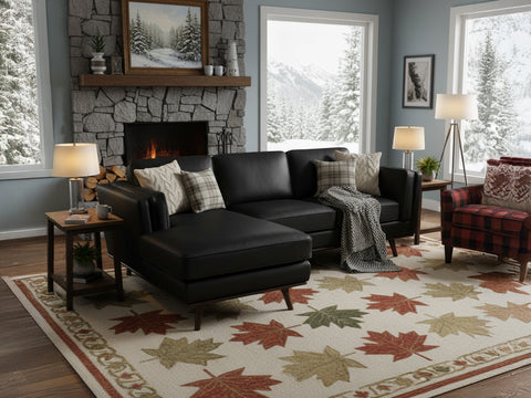 Selina Midcentury Black Leather Sectional Sofa in cozy living room with modern decor.