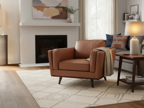 Selina Midcentury Brown Leather Accent Chair in a cozy living room setting