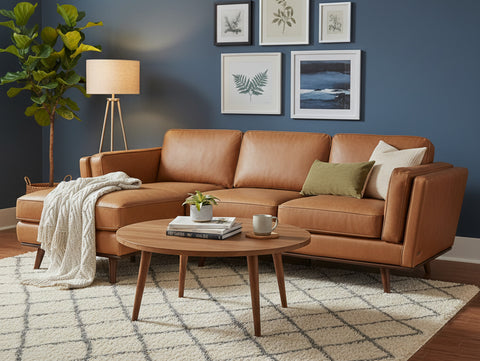 Selina Midcentury Tan Leather Sectional Sofa in modern living room setting with stylish decor and elegant design.
