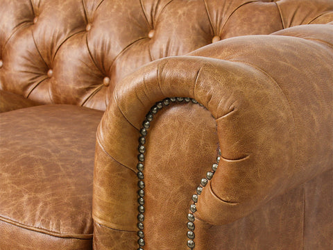 Stanhope Cognac Distressed Leather 4 Seater Chesterfield close-up detail