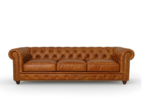Stanhope Cognac Distressed Leather 3 Seater Chesterfield sofa showcasing modern luxury with rich top-grain aniline leather.
