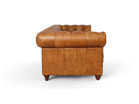 Side view of Stanhope Cognac Distressed Leather 3 Seater Chesterfield, showcasing elegant design in rich aniline leather.