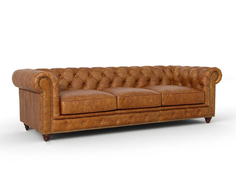 Stanhope Cognac Distressed Leather 3 Seater Chesterfield with aniline leather, showcasing British heritage and modern luxury.