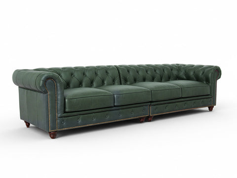 Stanhope Royal Green Leather 4 Seater Chesterfield with top-grain leather and elegant design