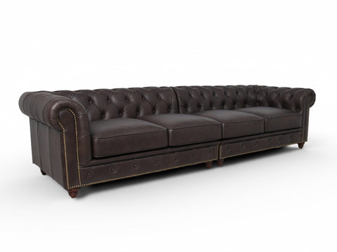 Stanhope Dark Chocolate 4 Seater Chesterfield sofa in aniline leather, showcasing classic British design with luxury appeal.