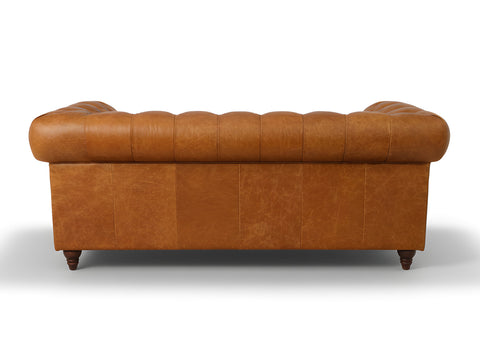 Stanhope Cognac Distressed Leather Loveseat Chesterfield, back view showing luxurious aniline leather upholstery.
