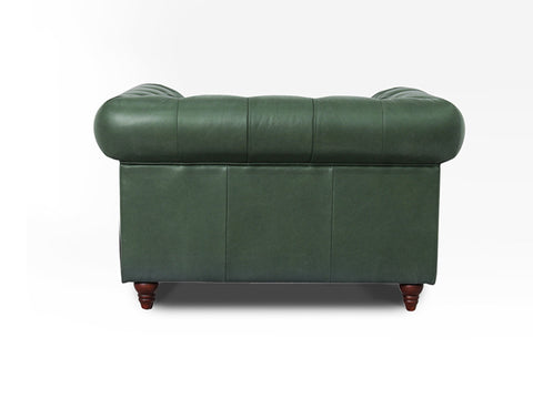 Back view of Stanhope Royal Green Leather 1 Seater Chesterfield in luxurious aniline leather.