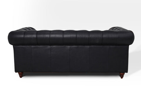 Back view of the Stanhope Black Loveseat Chesterfield in rich leather, showcasing its elegant design.