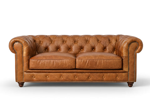 Stanhope Cognac Distressed Leather Loveseat Chesterfield with rich aniline leather and classic British design.