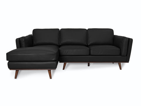 Selina Midcentury Black Leather Sectional Sofa in rich top-grain leather with clean lines, tailored stitching, and mid-century design.