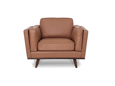 Selina Midcentury Brown Leather Accent Chair with plush cushions and wooden legs, perfect for modern and classic interiors.
