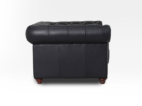 Side view of Stanhope Black Leather 1 Seater Chesterfield with rich aniline leather upholstery showcasing its elegant British design.