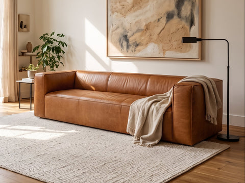 Torino Cubic Cognac Distressed Leather 3 Seater Sofa