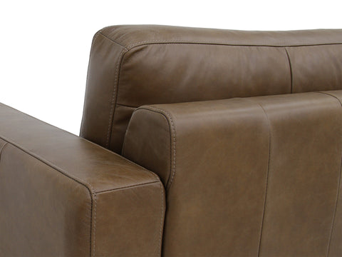 Amore Midcentury Chestnut Brown Leather 3 seater sofa back and side view showcasing its luxurious full-aniline leather.