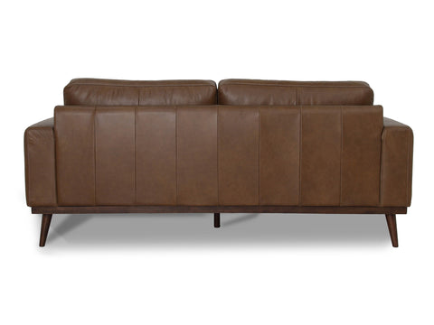 Amore Midcentury Chestnut Brown Leather 3 seater sofa showcasing back view with a rich leather finish and tapered legs.