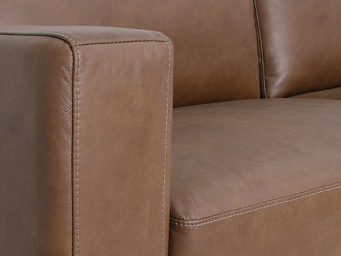 Amore Midcentury Chestnut Brown Leather 3 seater sofa detail showing rich full-aniline leather and armrest design
