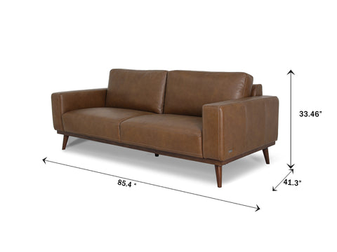 Amore Midcentury Chestnut Brown Leather 3 seater sofa in rich leather with tapered teak legs and plush cushions.