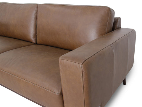 Amore Midcentury Chestnut Brown Leather 3 seater sofa upholstery close-up with rich full-aniline leather finish.